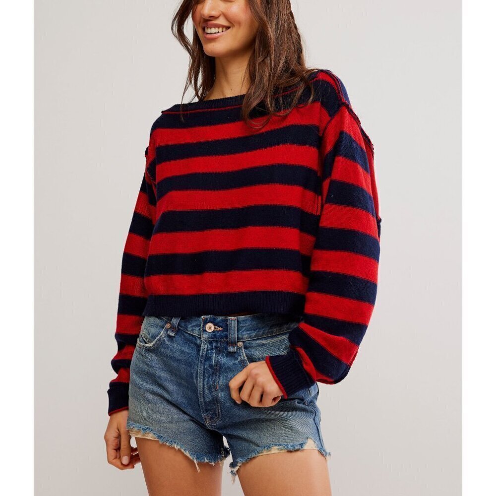 Free People Blue and Red Crew Neck Sweater with Bold Stripes